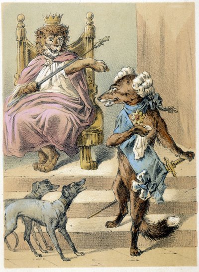 Illustration af Franz Hoffmanns fortællinger "" Fortællinger og fabler - Ræven": En ræv, der taler foran Løvernes Konge. Kromolitografi af det 19. århundrede. af German School