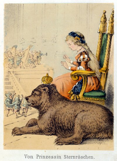 Illustration af Franz Hoffmanns fortællinger "" Fortællinger og fabler - Von Prinzessin Sternr¿schen"": en prinsesse ved siden af en kongebjørn. Kromolitografi af det 19. århundrede. af German School