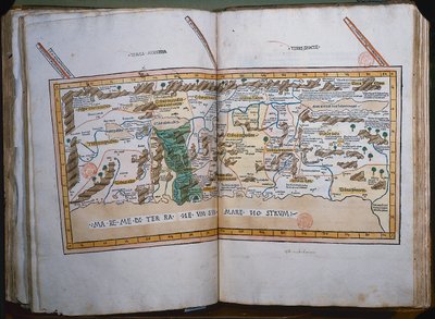 Inc. 425 Kort over Det Hellige Land, baseret på beskrivelser og koordinater givet i Cosmographica, af Ptolemæus (Claudius Ptolemaeus af Alexandria) (ca. 90-168 e.Kr.) udgivet i Ulm, Tyskland, af Johann Reger fo af German School