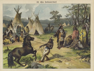 Indian camp, Amerika (farve litho) af German School