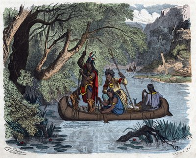 Indianere, der fisker ombord på en kano på en flod i Amerika. I "" Wenn Jemand eine Reise thut, so kann er was erzahlen"" (Når nogen rejser, det er det, han kan fortælle), tysk fortælling af Franz Wiedemann af German School