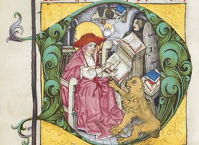 Initial D from Epistolae Hieronymus, St. Jerome "s letters and tractates, edited by Adrianus Brielisdani af German School