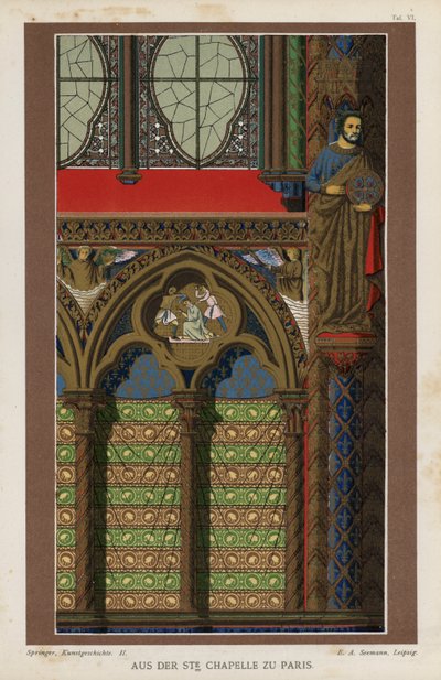 Interiørdetalje fra Sainte-Chapelle, Paris, Frankrig (farve litho) af German School
