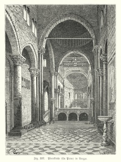 Interiør af kirken Santa Maria della Pieve, Arezzo, Italien (gravering) af German School