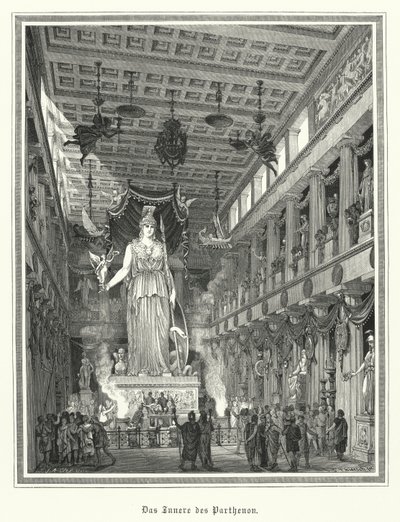 Interiør af Parthenon, Athen, med den kolossale statue af den græske gudinde Athena (gravering) af German School