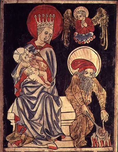 Inv. 1930-69.f.637 Hellig familie hviler på flugten til Egypten, ca. 1410 (træblok) af German School