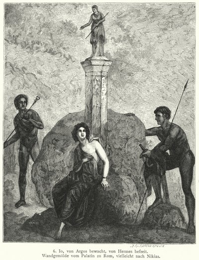 Io, bevogtet af Argus Panoptes efter ordre fra gudinden Hera, bliver overvåget af Hermes, sendt af Zeus for at bortføre hende, romersk vægmaleri (gravering) af German School