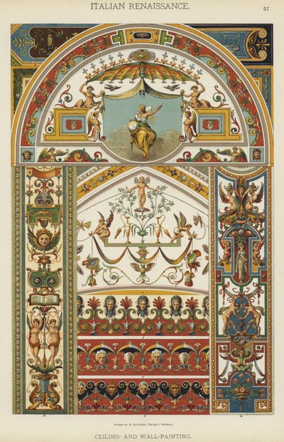 Italiensk renæssance, loft og vægmaling (litho-farve) af German School