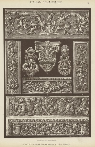 Italiensk renæssance, plastik ornamenter i marmor og bronze (farve litho) af German School