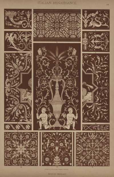Italiensk renæssance, træ-mosaik (farve litho) af German School