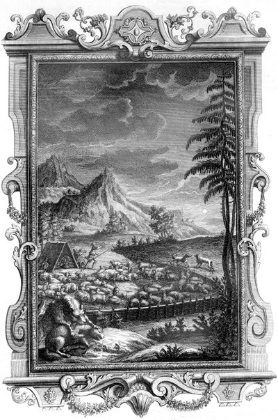 Jakob, den trofaste hyrde, beskytter sin fåreflok mod angreb fra ulve, 1731 (kobberstik) af German School