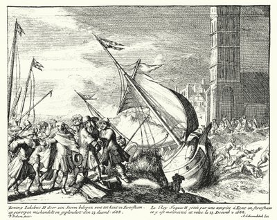 James II af England taget til fange af fiskere i Faversham, Kent, mens han forsøgte at flygte til Frankrig af German School