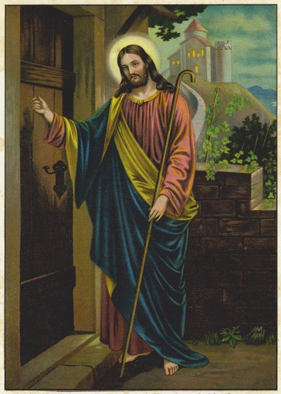 Jesus banker på døren til et hus (farvelitografi) af German School