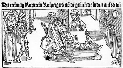 Jødisk pengeudlåner med sin familie, der modtager kunder, 1491 (trægravering) af German School