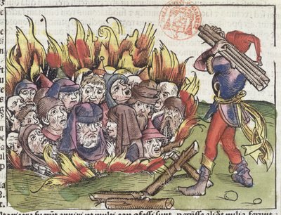 Jøder brændt på bålet, fra Nürnberg-krøniken af Hartmann Schedel (1440-1514), 1493 (farvetræsnit) af German School