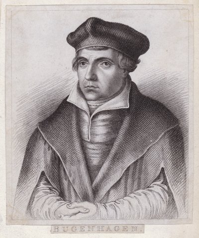 Johannes Bugenhagen (Doktor Pomeranus), tysk præst og teolog, der introducerer den protestantiske reformation til Pommern og Danmark (stik) af German School