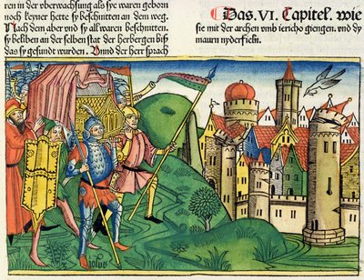 Joshua 6 4-21 Jerikos fald, fra Nürnbergbibelen (Biblia Sacra Germanaica) (farvet træsnit) af German School