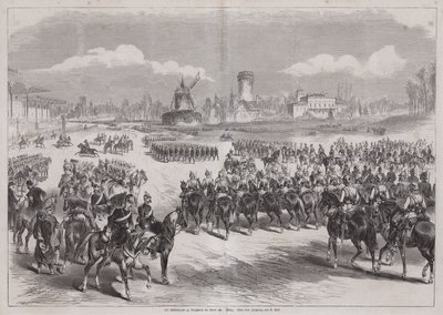 Kaiser Wilhelm I af Tyskland ser sin hærparade i Longchamp, Paris, Frankrig, marts 1871 (gravering) af German School