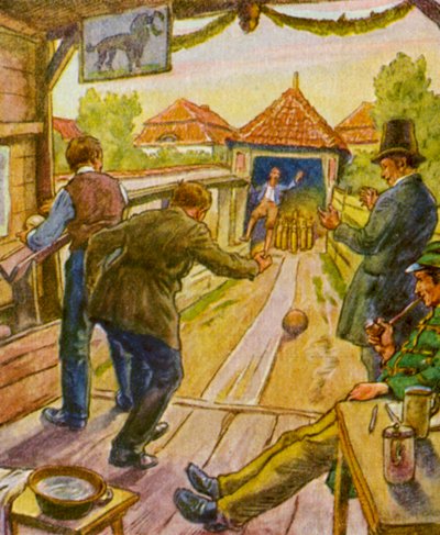 Kegelbahn / Bowlingbane (farvelitografi) af German School