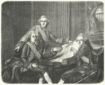 Kong Gustav III af Sverige i samråd med sine brødre Karl og Frederik Adolf (stik) af German School