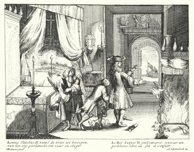 Kong James II af England brænder ordren om at indkalde parlamentet og flygter af German School