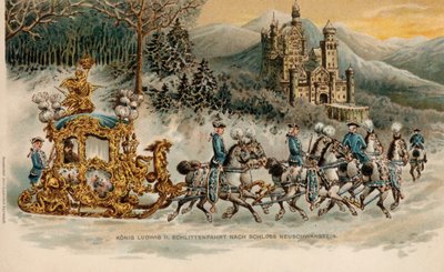 Kong Ludwig II af Bayern på vej til Neuschwanstein Slot i en gylden kane (chromolitho) af German School
