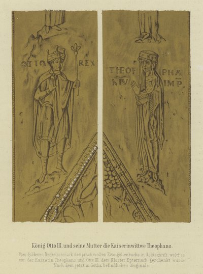 Kong Otto III og hans mor Theophania, kejserindekonsort af Otto II, hellig romersk kejser (farve litho) af German School