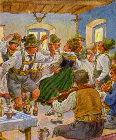 Kirchweihtanz / Kirkefestdans (farvelitografi) af German School