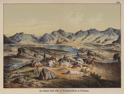 Kiuk Kiol saltsø i Karakash-dalen, Turkestan (farve litho) af German School