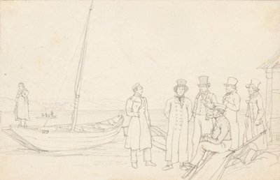 Lakeside scene med syv figurer af German School