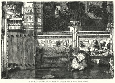 En enkes klagesang ved siden af sin mands kiste i Memphis, det gamle Egypten (litho) af German School