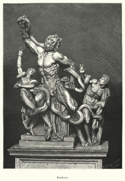 Laocoon og hans sønner, gammel græsk eller romersk skulptur udgravet i Rom i 1506 (gravering) af German School