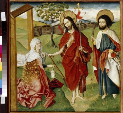 Kristus, Maria Magdalene og Sankt Barthélemy (eller Nathanael, apostel) (Kristus, Maria Magdalene og Sankt Bartolomæus). Kan være en repræsentation af ""Noli me tangere"": visionen om den opstandne Kristus ved Sankt Maria Magdalena. Jesus Kristus holder en af German School