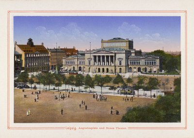 Leipzig, Augustusplatz og Neues Theater (farvelitografi) af German School
