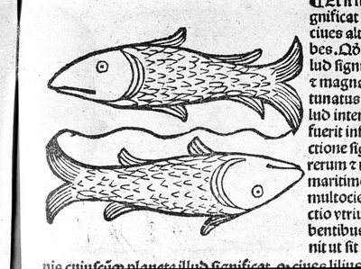 Les Fiskene - i en afhandling af Johannes Angeli De Magnisconnectionibue annorum revolutionis et eum pefectiones. Augsburg, Erhard Ratdolt af German School