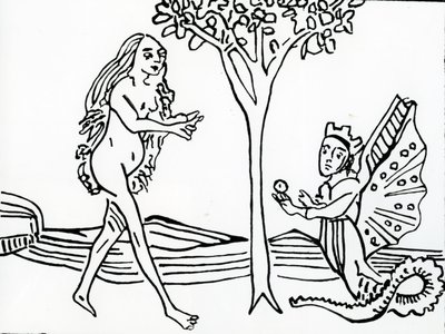 Lilith, bevinget og kronet, med slangehale, tilbyder æblet til Eva, fra 