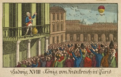 Louis XVIII konge af Frankrig i Paris, pub. 1814 (håndfarvet gravering) af German School