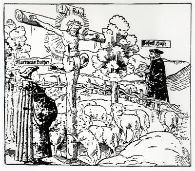 Luther (1483-1546) og Hus (1369-1415) med Kristus i fårefolden, ca. 1520-21 af German School