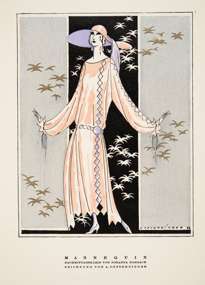 "Mannequin", reklame for kjole af Johanna Marbach, fra Styl, pub.1922 (pochoir print) af German School