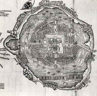 Kort over Tenochtitlan fra "Praeclara Ferdinandi Cortesii de Nova Maris Oceani Hispania Narrati af German School