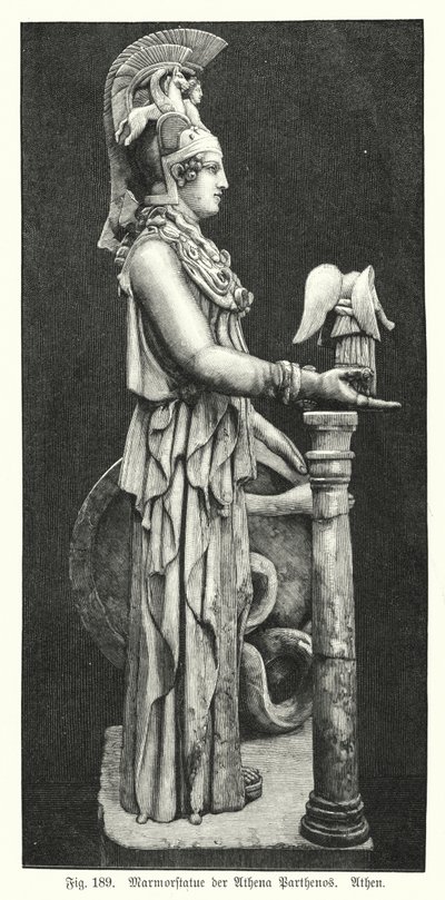 Marmorstatue af den antikke græske gudinde Athena, fra Parthenon, Athen (gravering) af German School