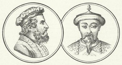 Marco Polo og Kublai Khan (gravering) af German School