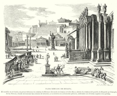Markedsplads i Sparta, det antikke Grækenland (litho) af German School