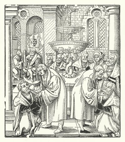 Martin Luther og Jan Hus administrerer den hellige nadver til den saksiske kongefamilie (stik) af German School