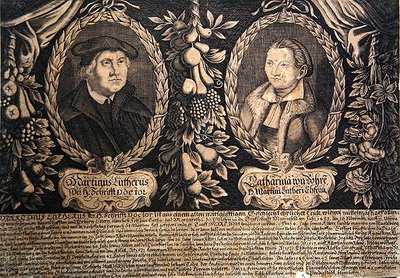 Martin Luther og hans hustru Katharina von Bora (stik) af German School