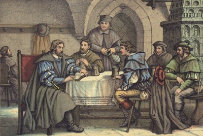 Martin Luther i samtale med studerende i Gasthof der Baren, Jena (chromolitho) af German School