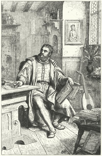Martin Luther oversætter Bibelen til tysk (gravering) af German School