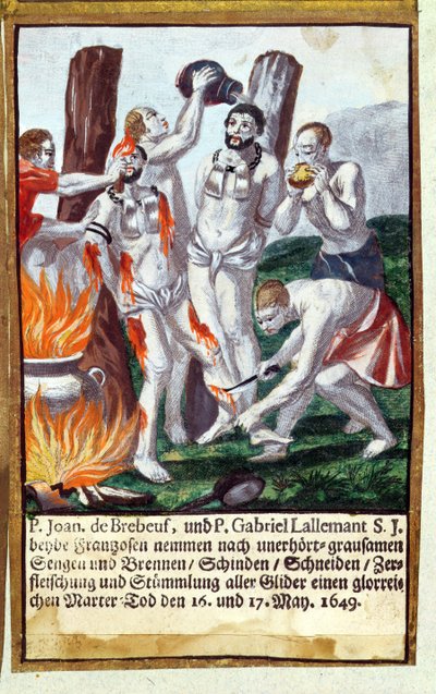 Martyrium af Jean de Brebeuf og Gabriel Lalemant af Iroquois, i Nouvelle-France 1649, fra Jesuits Martyrology, 1688 af German School