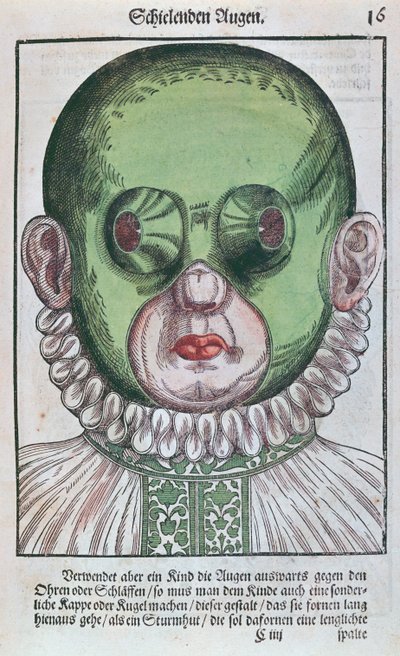 Maske til behandling af strabismus, fra Ophthalmodouleia af Georg Bartisch (1535-1636) udgivet i Dresden i 1583 (træblok i farver) af German School