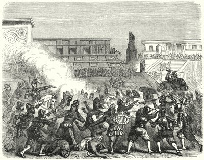 Massakre på aztekiske krigere og adelige ved Cholula af de spanske conquistadorer af Hernan Cortes af German School